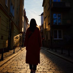 Woman Walking down Cobblestone road